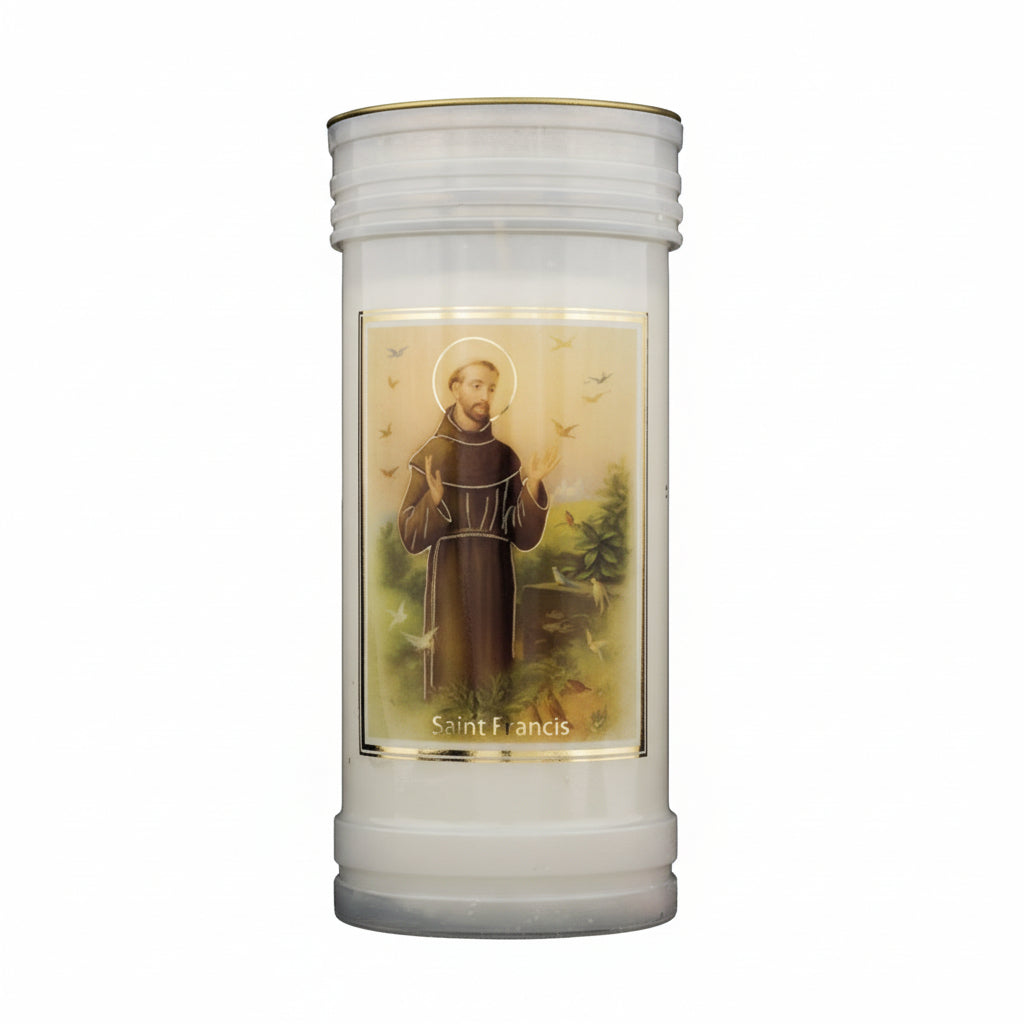 a prayer candle featuring saint francis