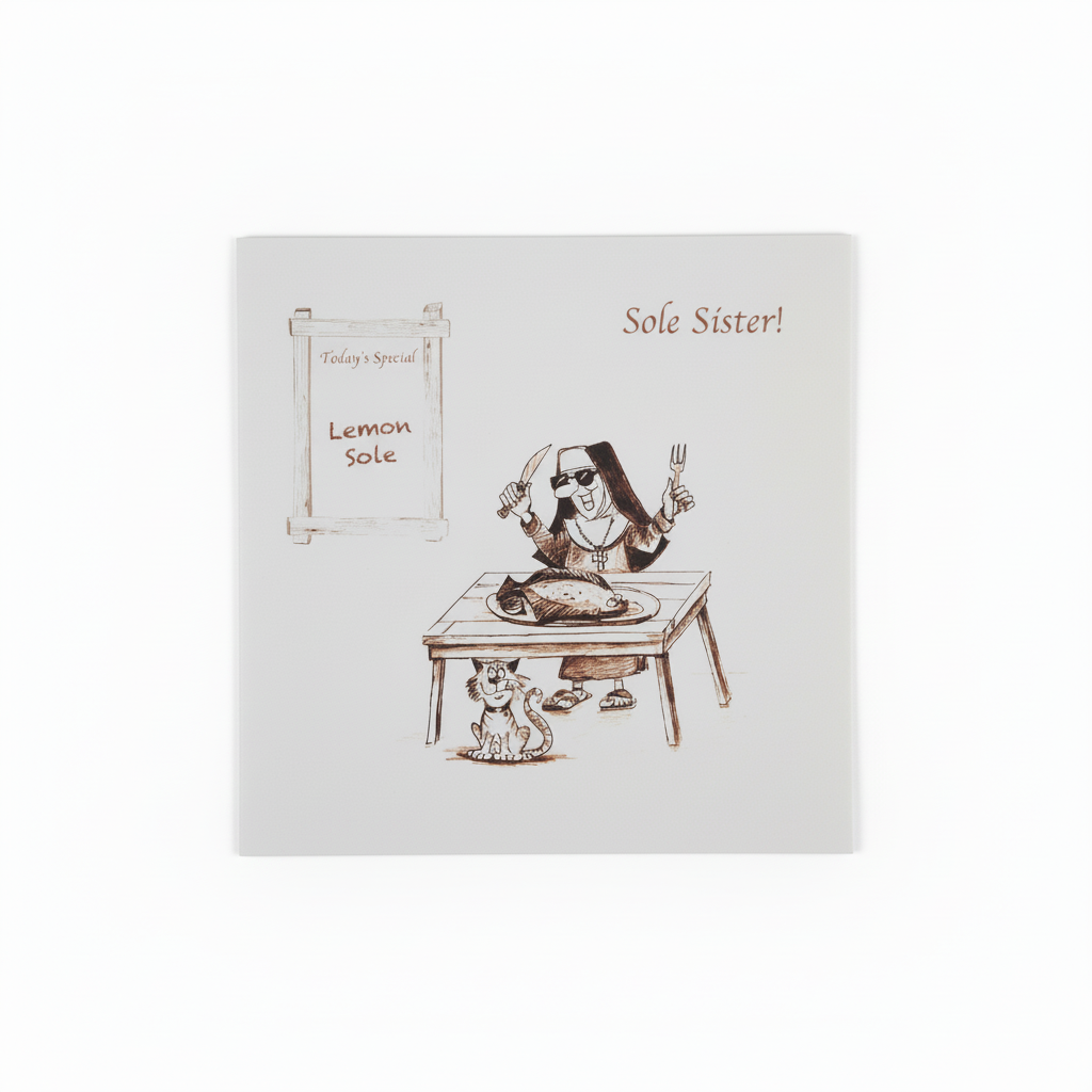 A greeting card with a cartoon illustration of a priest and a nun at a dining table with a dog. The title 'Sole Sister' is written at the top.