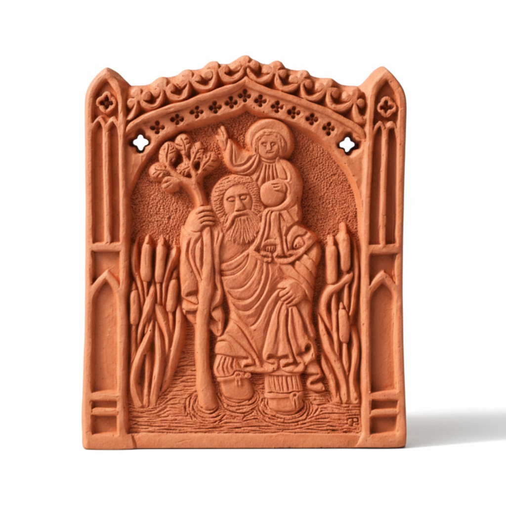 A terracotta wall tile featuring an embossed design of Saint Christopher carrying Christ on his shoulders, based on a 14th Century statue.
