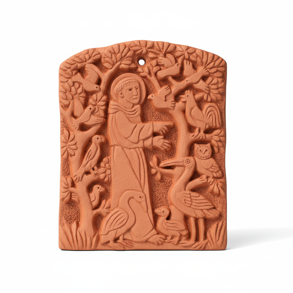A terracotta wall tile featuring an embossed design of Saint Francis of Assisi surrounded by birds and nature.