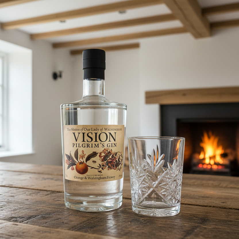 A clear glass bottle of Vision Pilgrim's Gin with a label that includes 'Orange & Walsingham Honey' and the text 'The Shrine of Our Lady of Walsingham, England's Nazareth in North Norfolk'. The bottle is sealed with a black cap and set against a plain background.