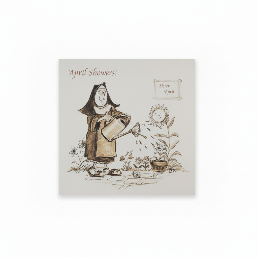 Greetings card featuring a cartoon of a nun with a watering can, watering a sunflower, with the text 'April Showers' and a space for a personal message.