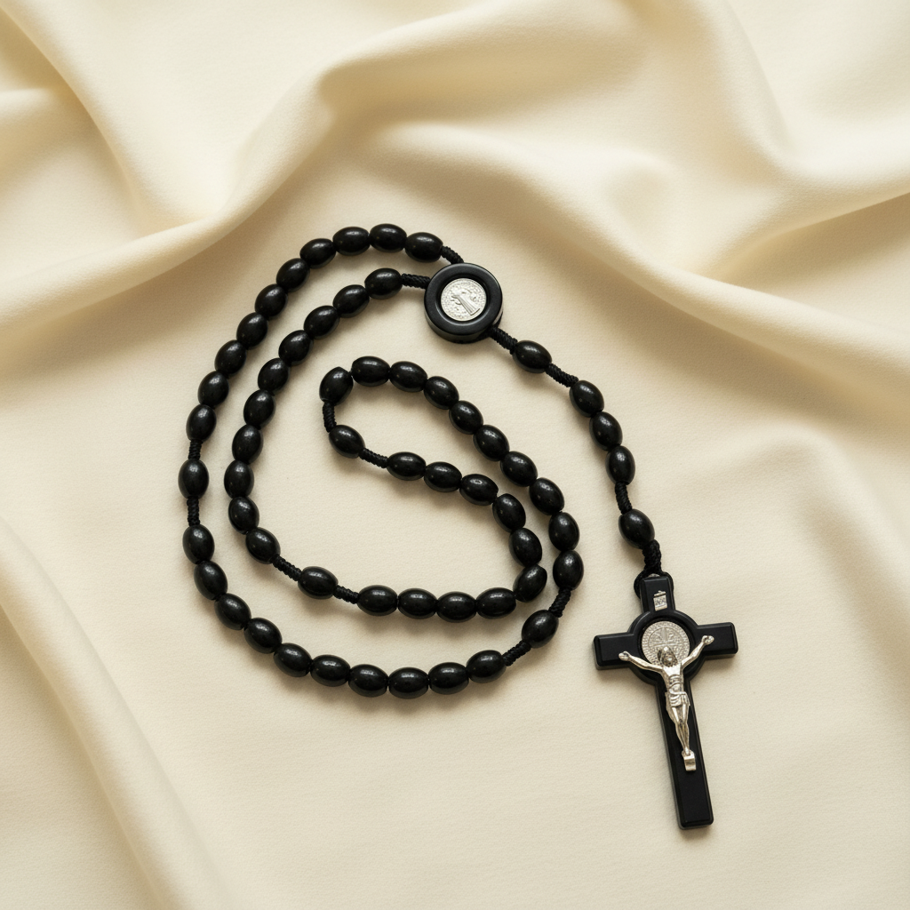 A black rosary with a cross pendant, featuring a series of beads strung on a cord.