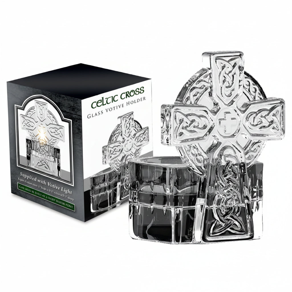 A clear glass cross tealight holder with intricate Celtic patterns, displayed alongside its packaging box.