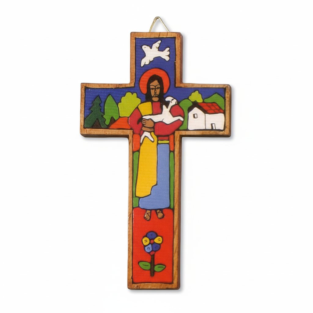 A colorful traditional cross with artistic representations of religious figures and a white sheep in the background.