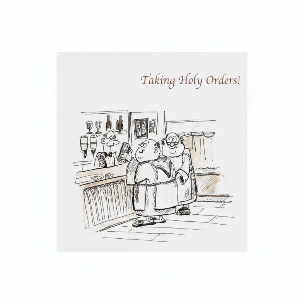 A greeting card with a cartoon illustration of two priests in a kitchen, with the title 'Taking Holy Orders!' written at the top.