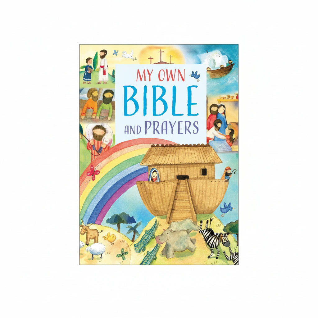 A colorful children's book titled 'My Own Bible and Prayers', featuring illustrations of characters and a scene with a rainbow, Noah's ark, and a prayer shawl.