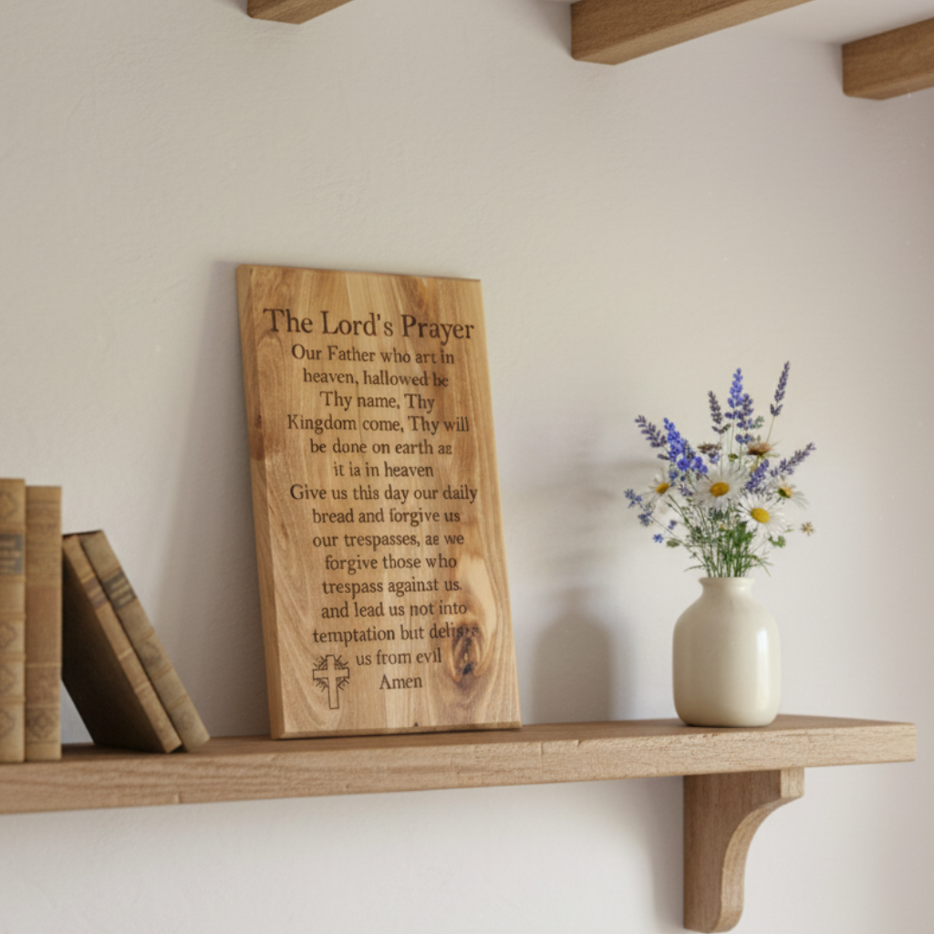 A wooden plaque with The Lord's Prayer engraved on it, displayed vertically.