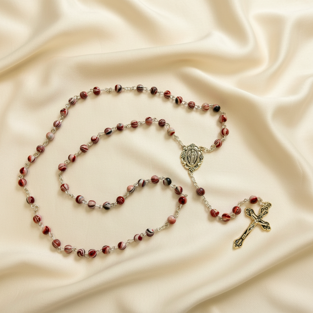 A red and white swirl rosary with gold-colored metal parts, including the cross and the beads' connectors.