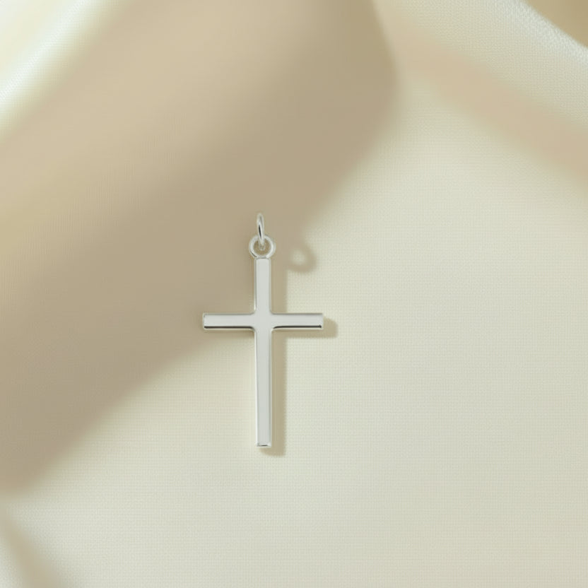 A sterling silver plain cross necklace with a 18-inch chain.