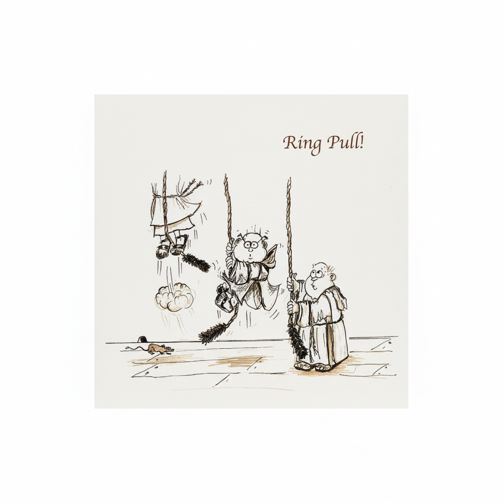 Greetings card with a cartoon illustration of a ring pull game, featuring a priest and a monk playing the game.