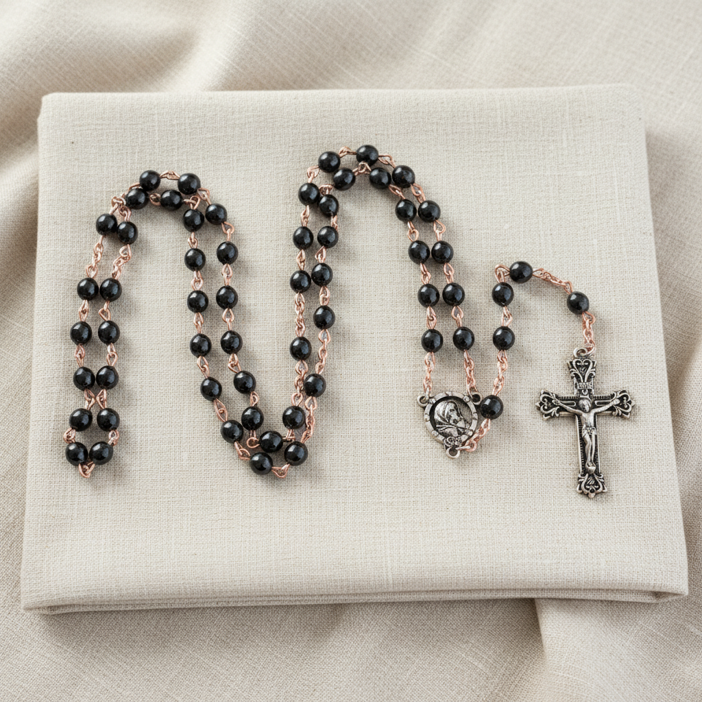 A dark grey glass Rosary with 5mm beads and a silver-plated chain. The Rosary features a cross and is displayed against a black background.