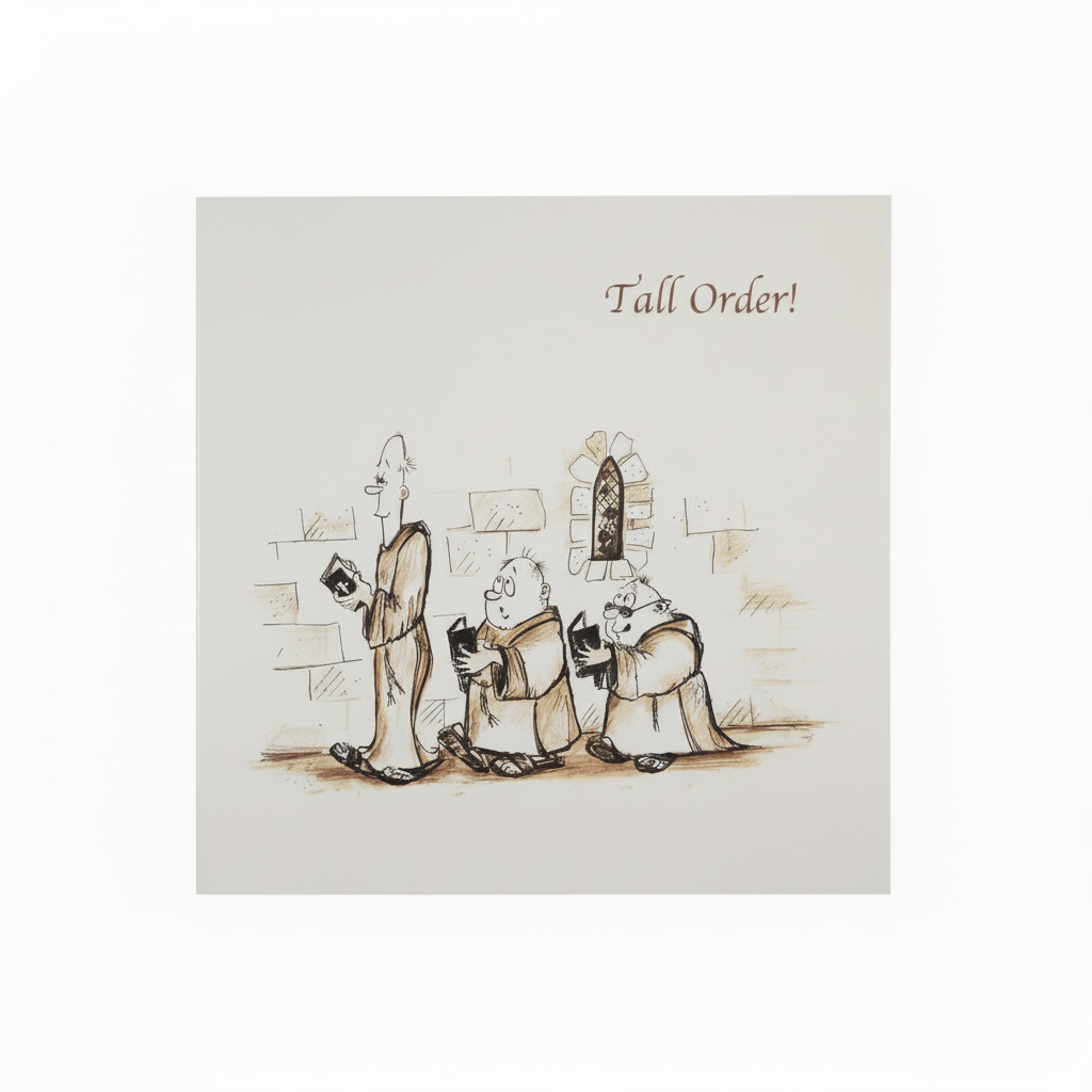 Greetings card featuring a cartoon illustration of three characters with 'Tall Order' written at the top, in a setting that appears to be a church or similar indoor space.