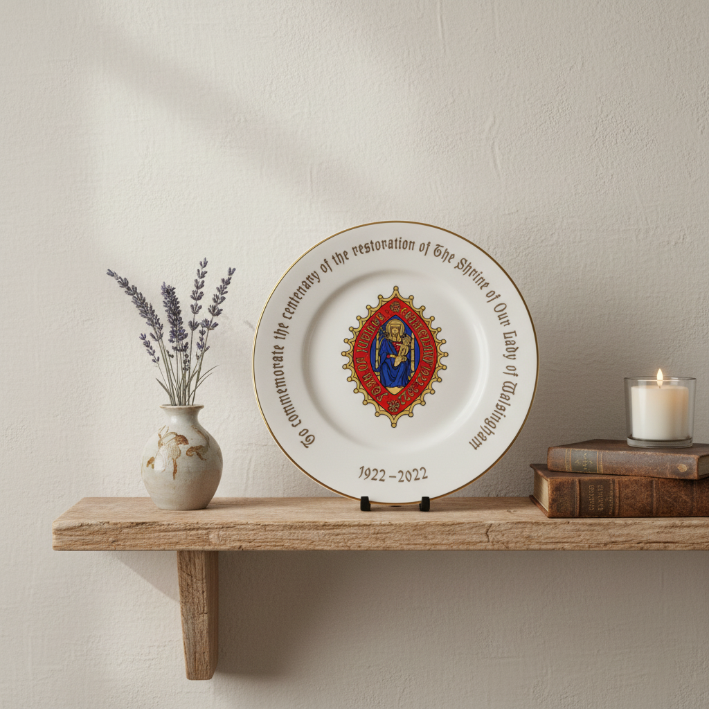 A commemorative fine bone china plate with gold lettering and a central emblem, displayed on a stand.
