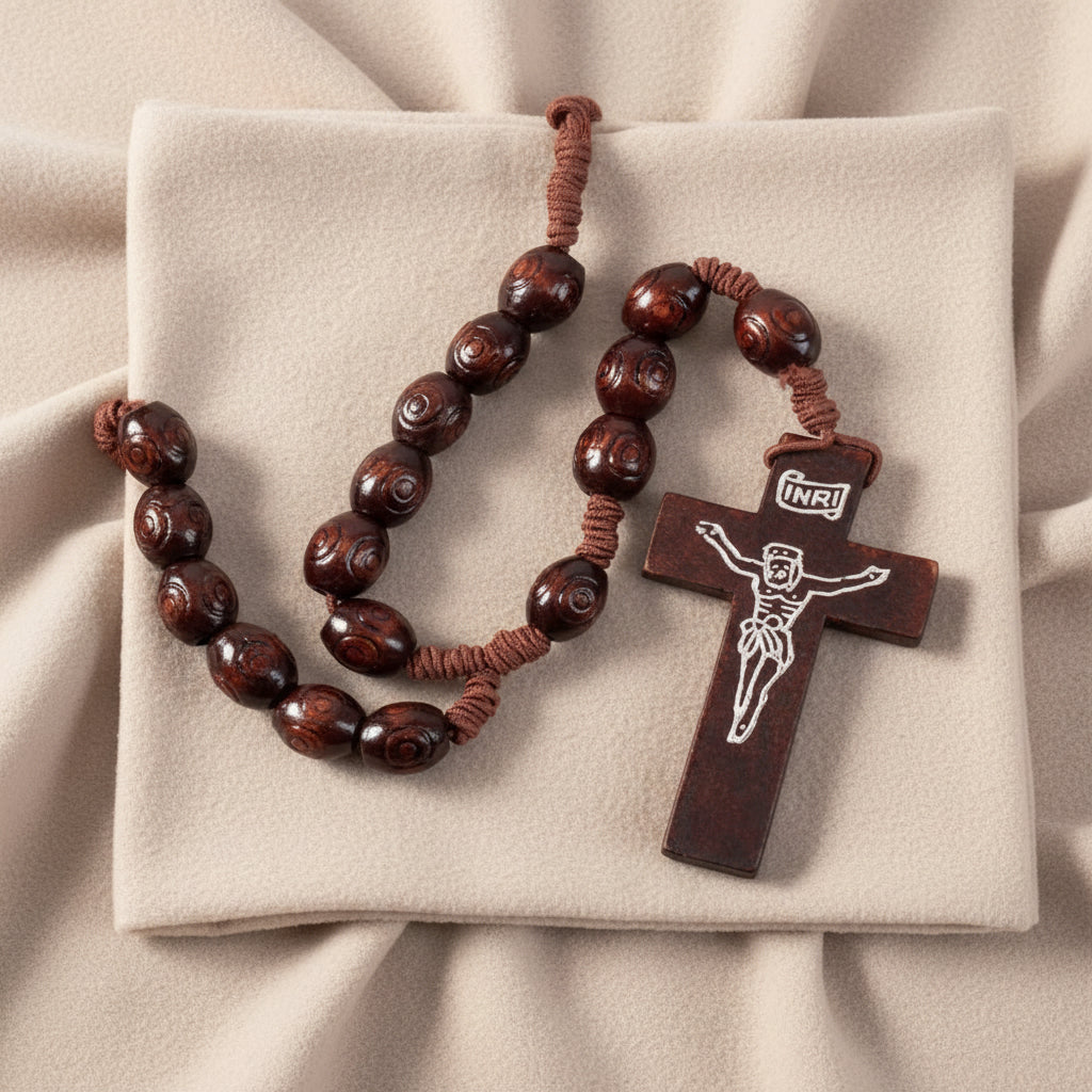 A dark wooden rosary with a cross emblem in the center and a loop at the end for attaching to a chain.