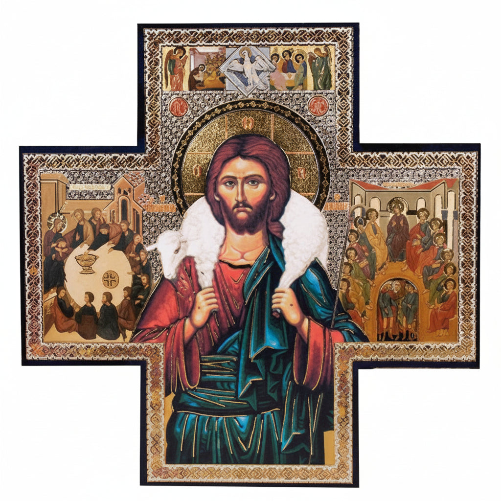 A wooden cross icon with a depiction of Jesus Christ in the center, surrounded by narrative scenes from the Bible.